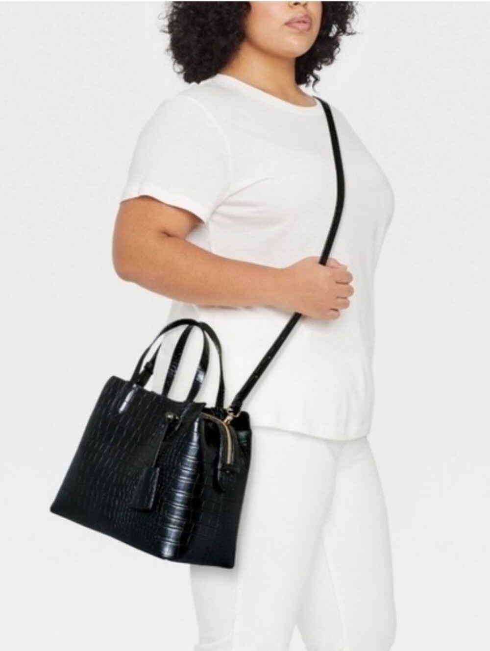 A New Day Black Faux Croc-Embossed Satchel Handbag with Gold Hardware - Picture 2 of 11